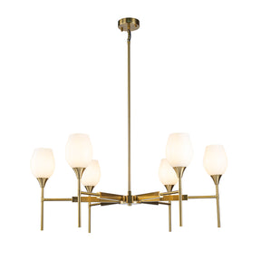 6-Light Classic Warm Brass Chandelier with Opal Glass Shades For Dining Room