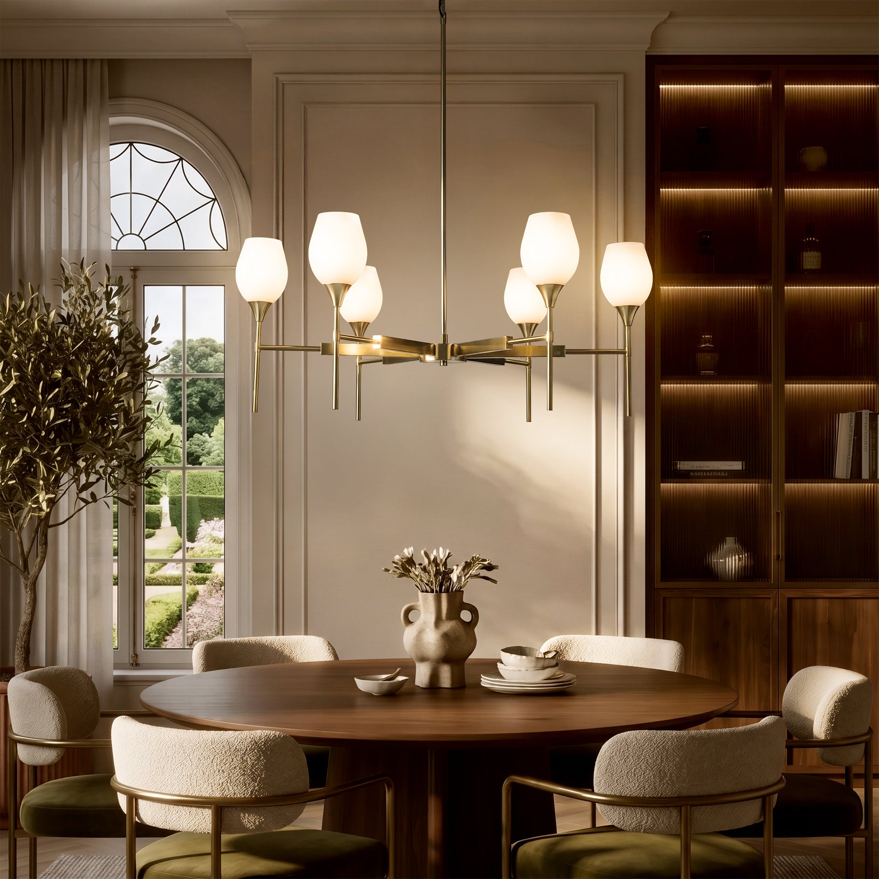 6-Light Classic Warm Brass Chandelier with Opal Glass Shades For Dining Room