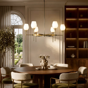 6-Light Classic Warm Brass Chandelier with Opal Glass Shades For Dining Room