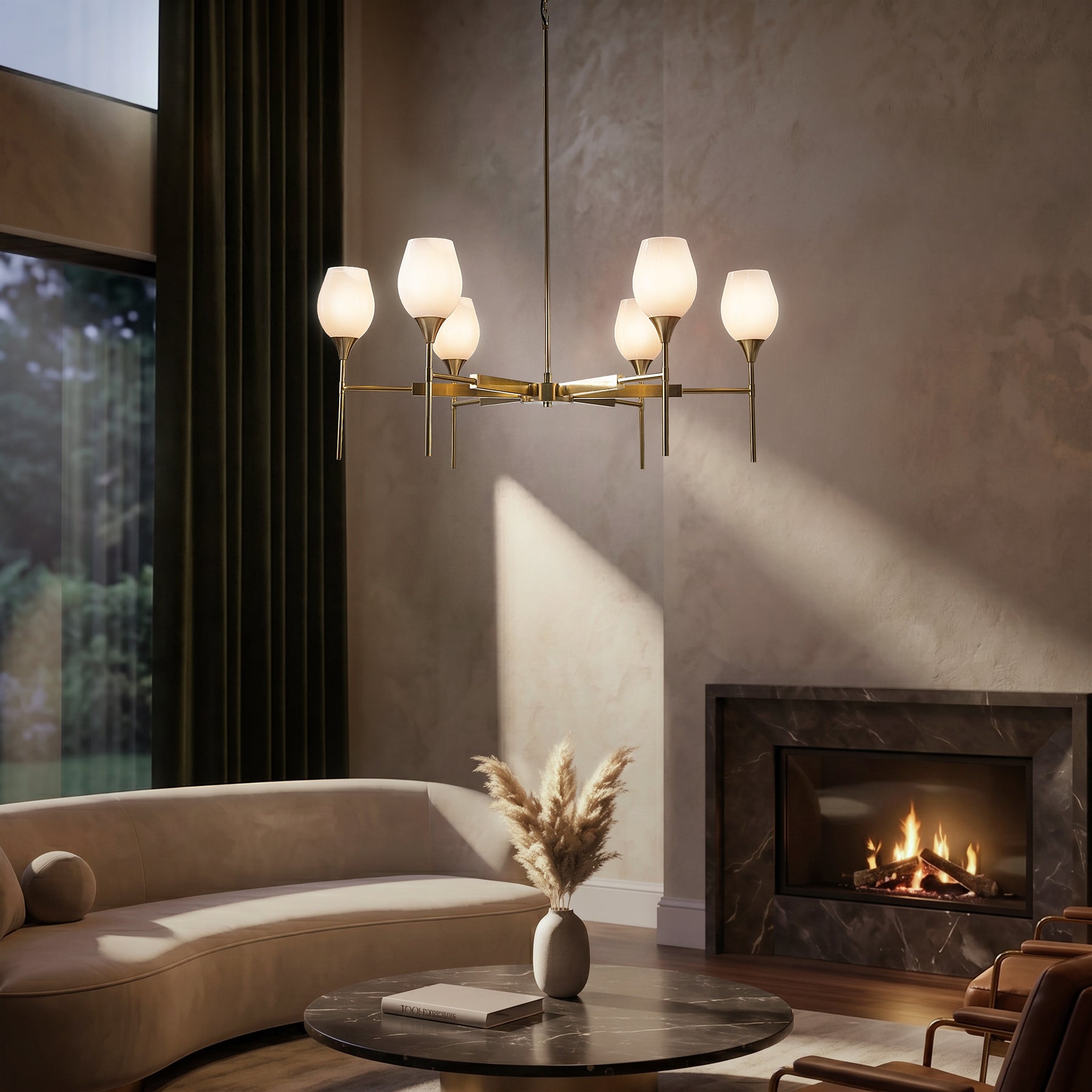 6-Light Classic Warm Brass Chandelier with Opal Glass Shades For Dining Room