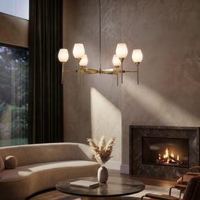 6-Light Classic Warm Brass Chandelier with Opal Glass Shades For Dining Room