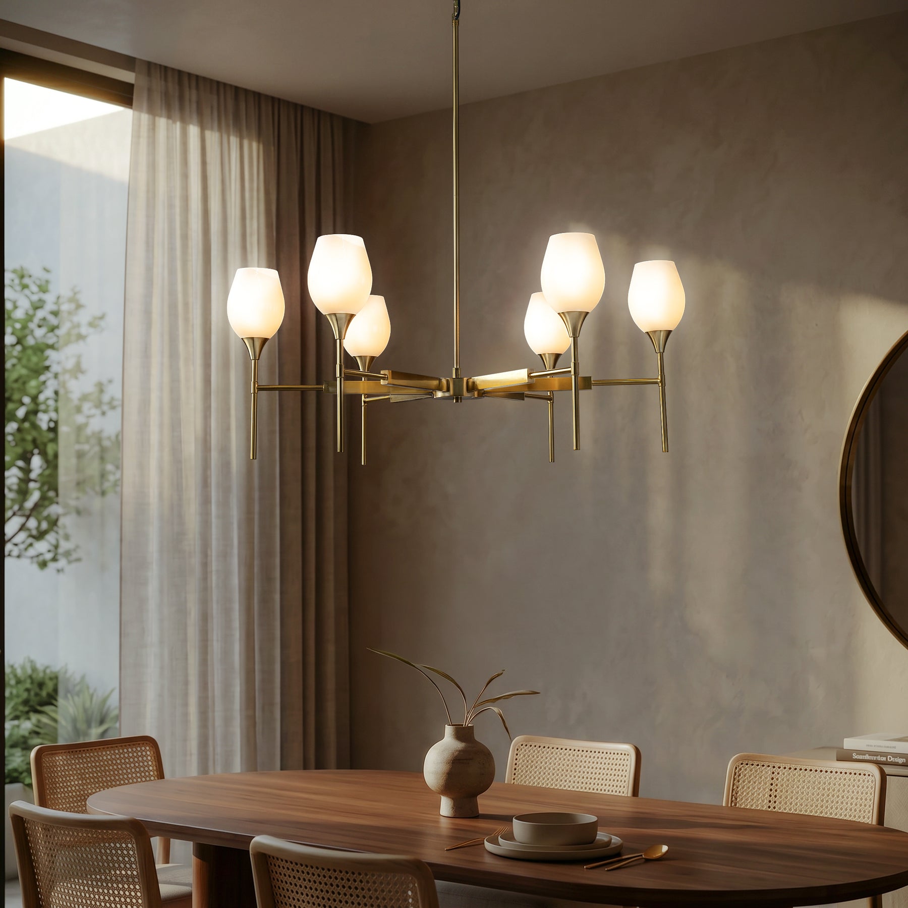 6-Light Classic Warm Brass Chandelier with Opal Glass Shades For Dining Room