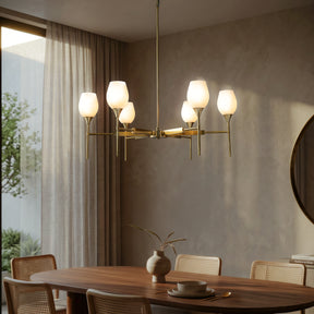 6-Light Classic Warm Brass Chandelier with Opal Glass Shades For Dining Room