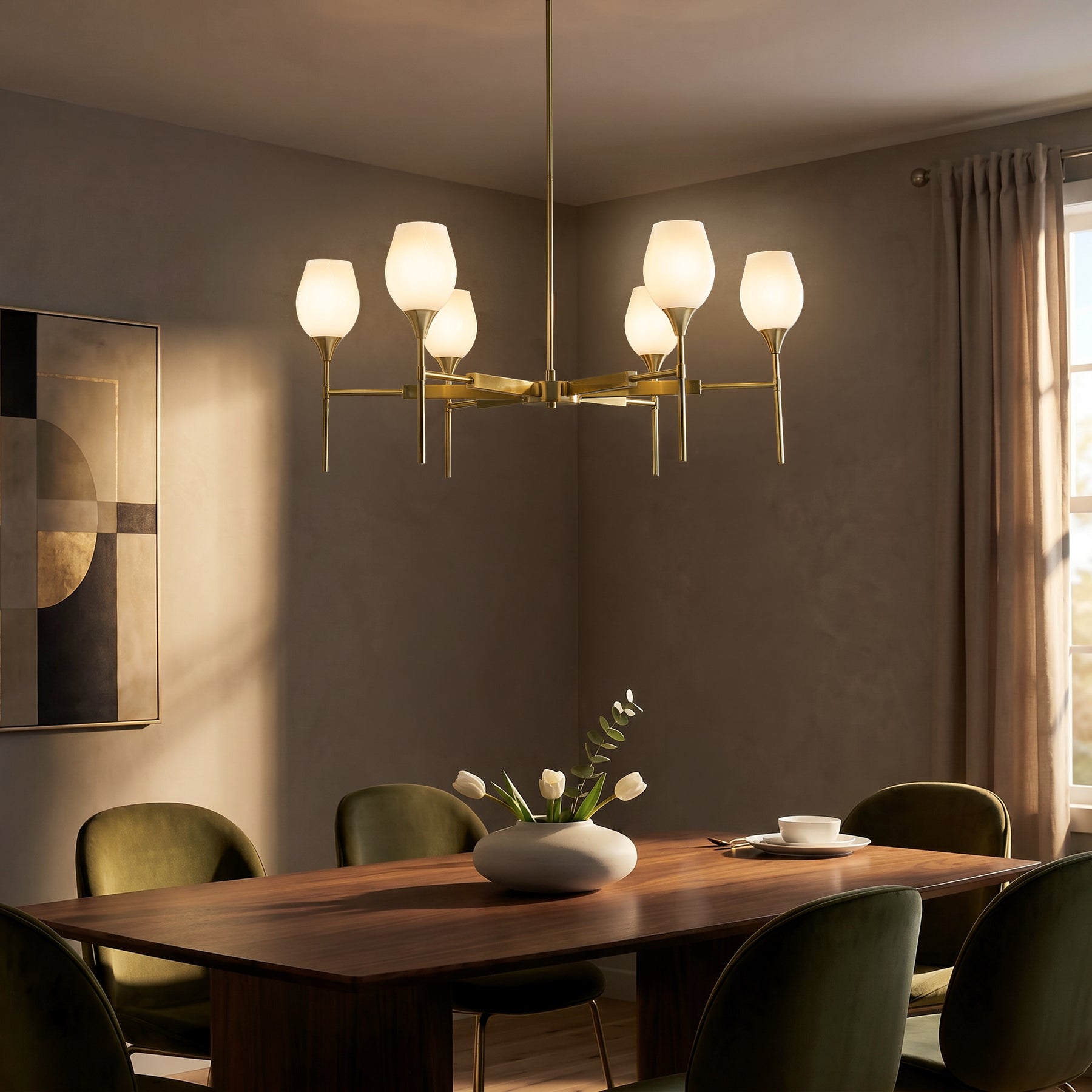 6-Light Classic Warm Brass Chandelier with Opal Glass Shades For Dining Room