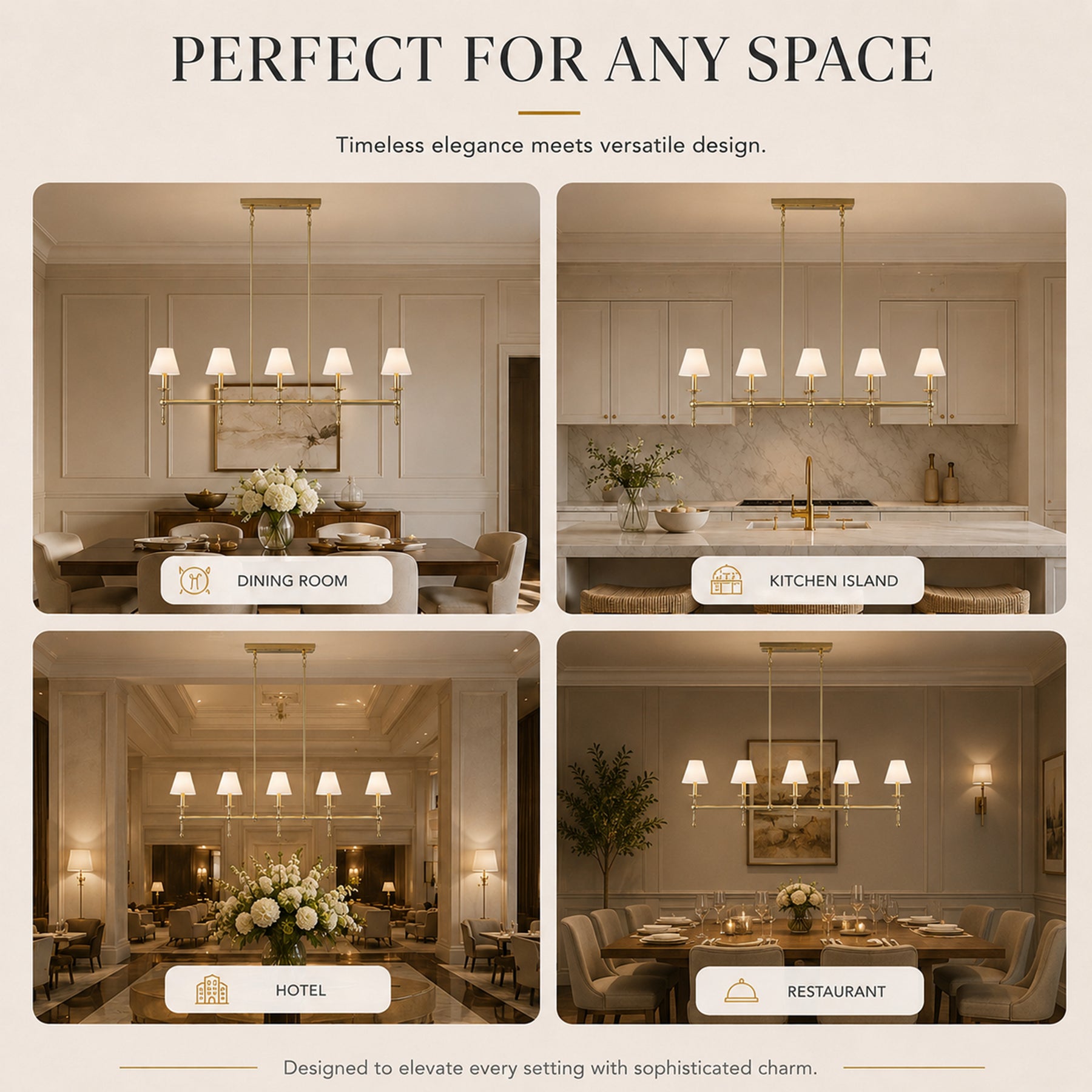 5-Light Brass Linear Chandelier with Fabric Shades E12 Bulb Dimmable Ceiling Light