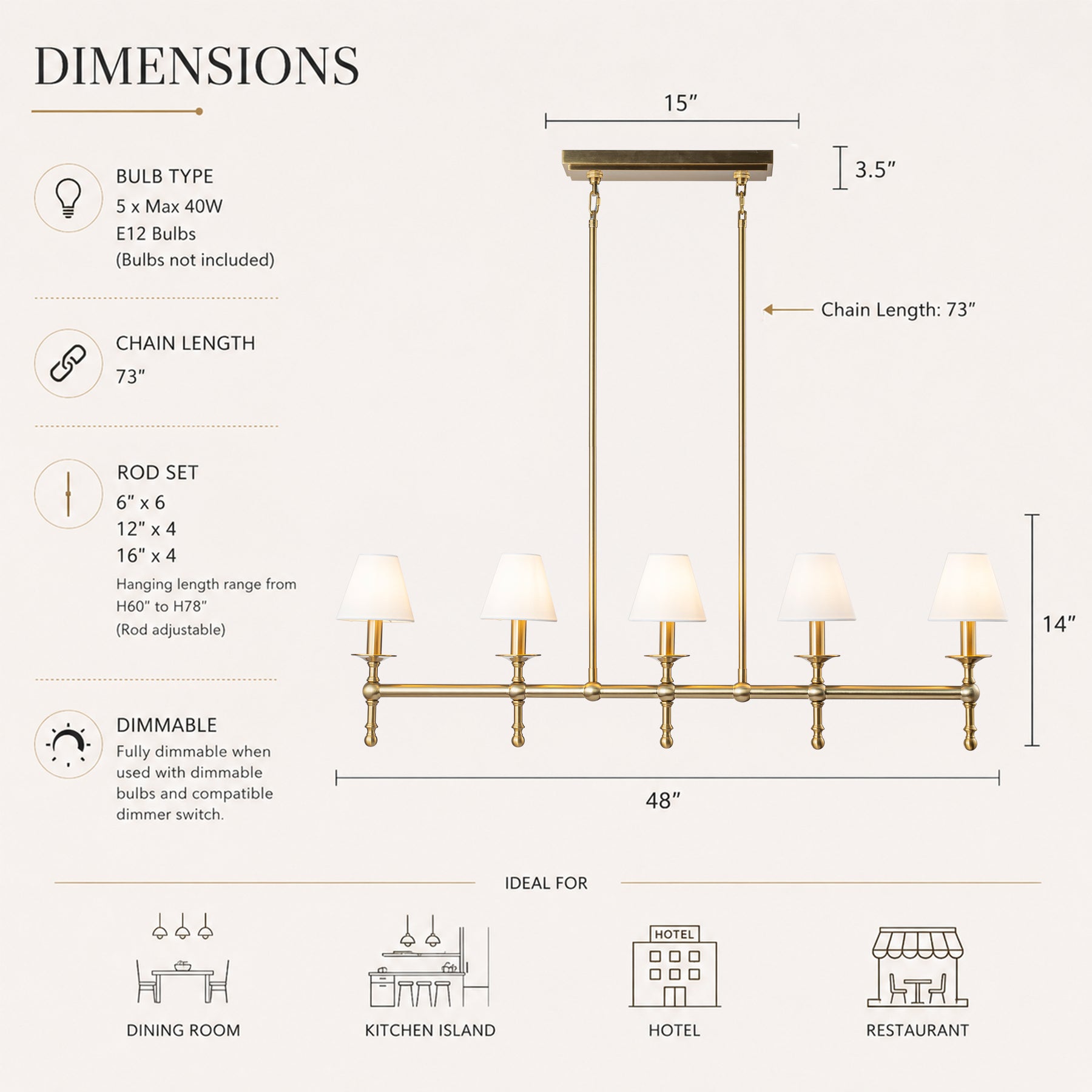 5-Light Brass Linear Chandelier with Fabric Shades E12 Bulb Dimmable Ceiling Light