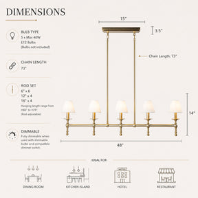 5-Light Brass Linear Chandelier with Fabric Shades E12 Bulb Dimmable Ceiling Light