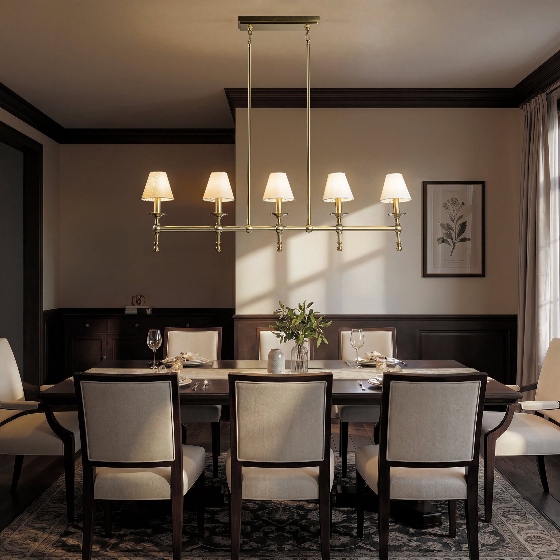 5-Light Brass Linear Chandelier with Fabric Shades E12 Bulb Dimmable Ceiling Light