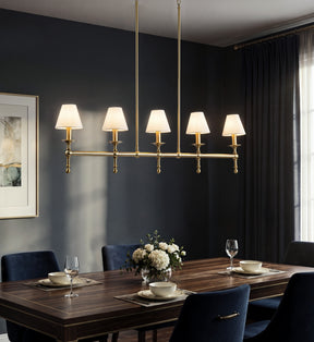 5-Light Brass Linear Chandelier with Fabric Shades E12 Bulb Dimmable Ceiling Light
