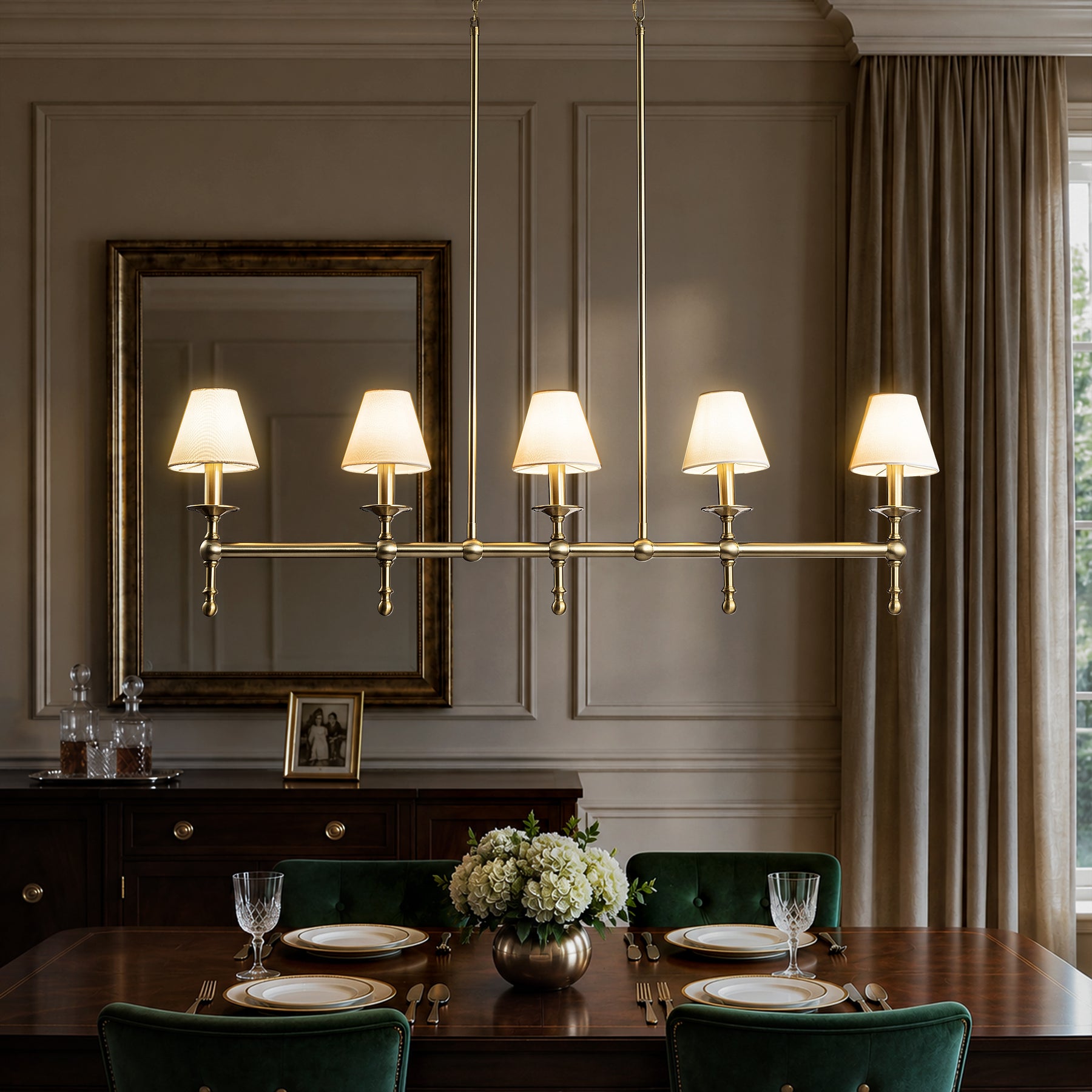5-Light Brass Linear Chandelier with Fabric Shades E12 Bulb Dimmable Ceiling Light