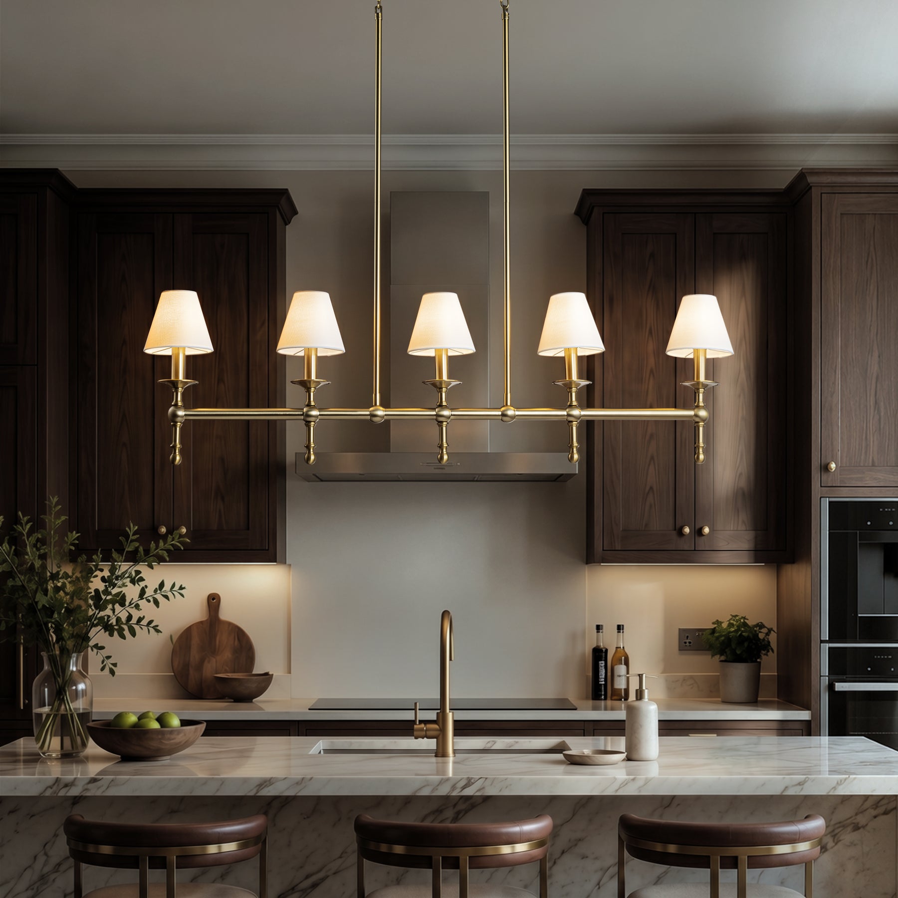 5-Light Brass Linear Chandelier with Fabric Shades E12 Bulb Dimmable Ceiling Light