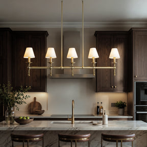 5-Light Brass Linear Chandelier with Fabric Shades E12 Bulb Dimmable Ceiling Light
