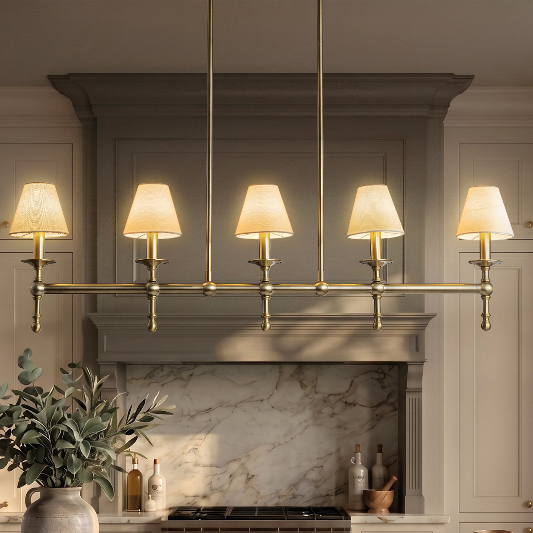 5-Light Brass Linear Chandelier with Fabric Shades E12 Bulb Dimmable Ceiling Light