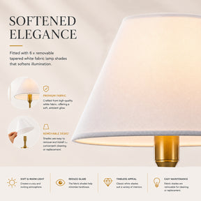 36'' 6-Light French Modern Warm Brass Curved Staggered Chandelier with White Fabric Shades for Dining Room
