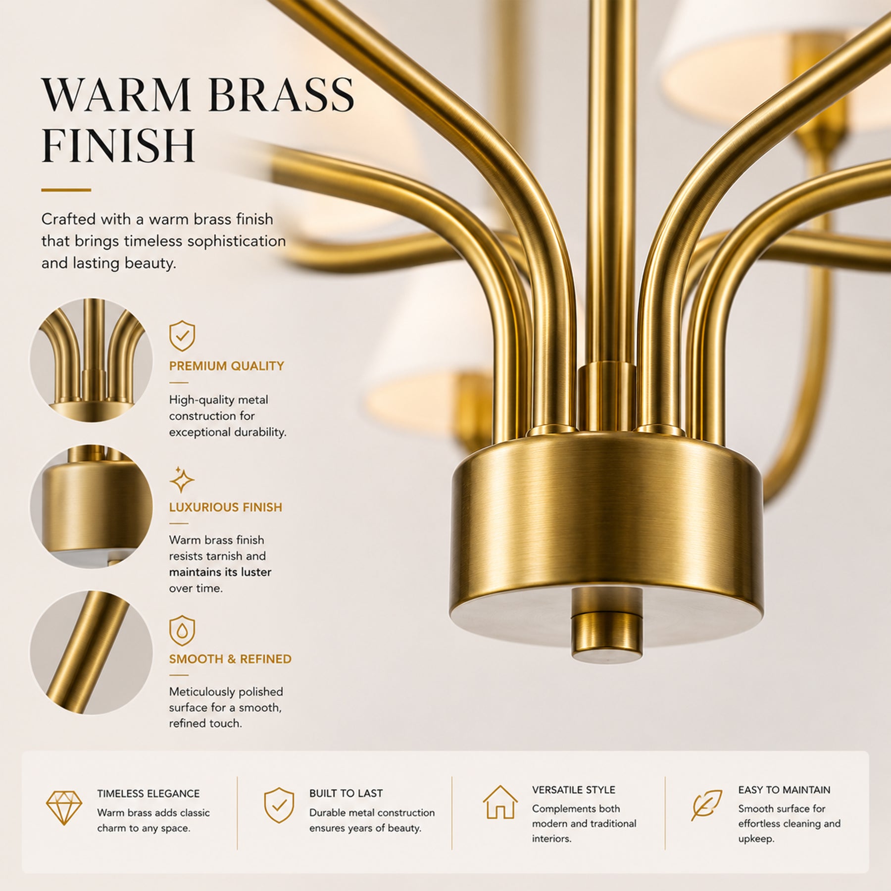 36'' 6-Light French Modern Warm Brass Curved Staggered Chandelier with White Fabric Shades for Dining Room