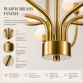 36'' 6-Light French Modern Warm Brass Curved Staggered Chandelier with White Fabric Shades for Dining Room