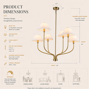 36'' 6-Light French Modern Warm Brass Curved Staggered Chandelier with White Fabric Shades for Dining Room