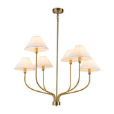 36'' 6-Light French Modern Warm Brass Curved Staggered Chandelier with White Fabric Shades for Dining Room