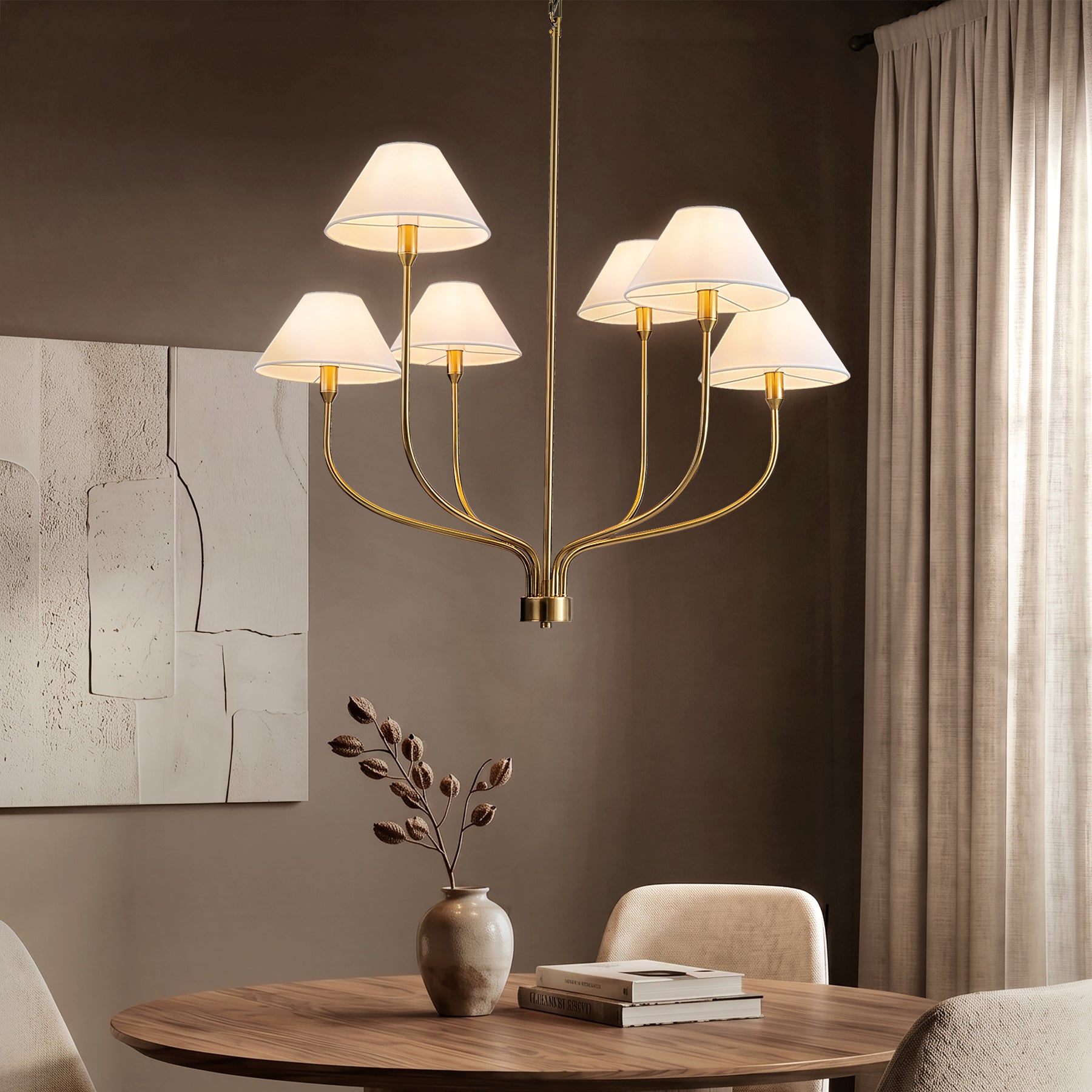 36'' 6-Light French Modern Warm Brass Curved Staggered Chandelier with White Fabric Shades for Dining Room
