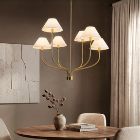 36'' 6-Light French Modern Warm Brass Curved Staggered Chandelier with White Fabric Shades for Dining Room