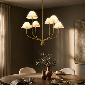 36'' 6-Light French Modern Warm Brass Curved Staggered Chandelier with White Fabric Shades for Dining Room