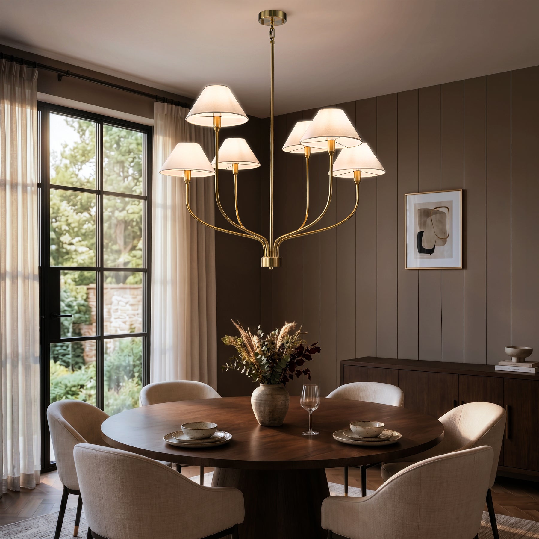 36'' 6-Light French Modern Warm Brass Curved Staggered Chandelier with White Fabric Shades for Dining Room