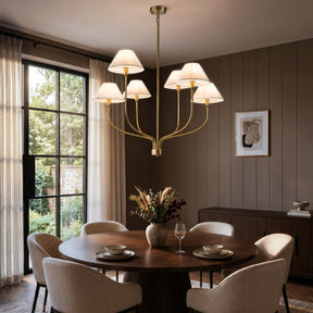 36'' 6-Light French Modern Warm Brass Curved Staggered Chandelier with White Fabric Shades for Dining Room