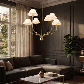 36'' 6-Light French Modern Warm Brass Curved Staggered Chandelier with White Fabric Shades for Dining Room