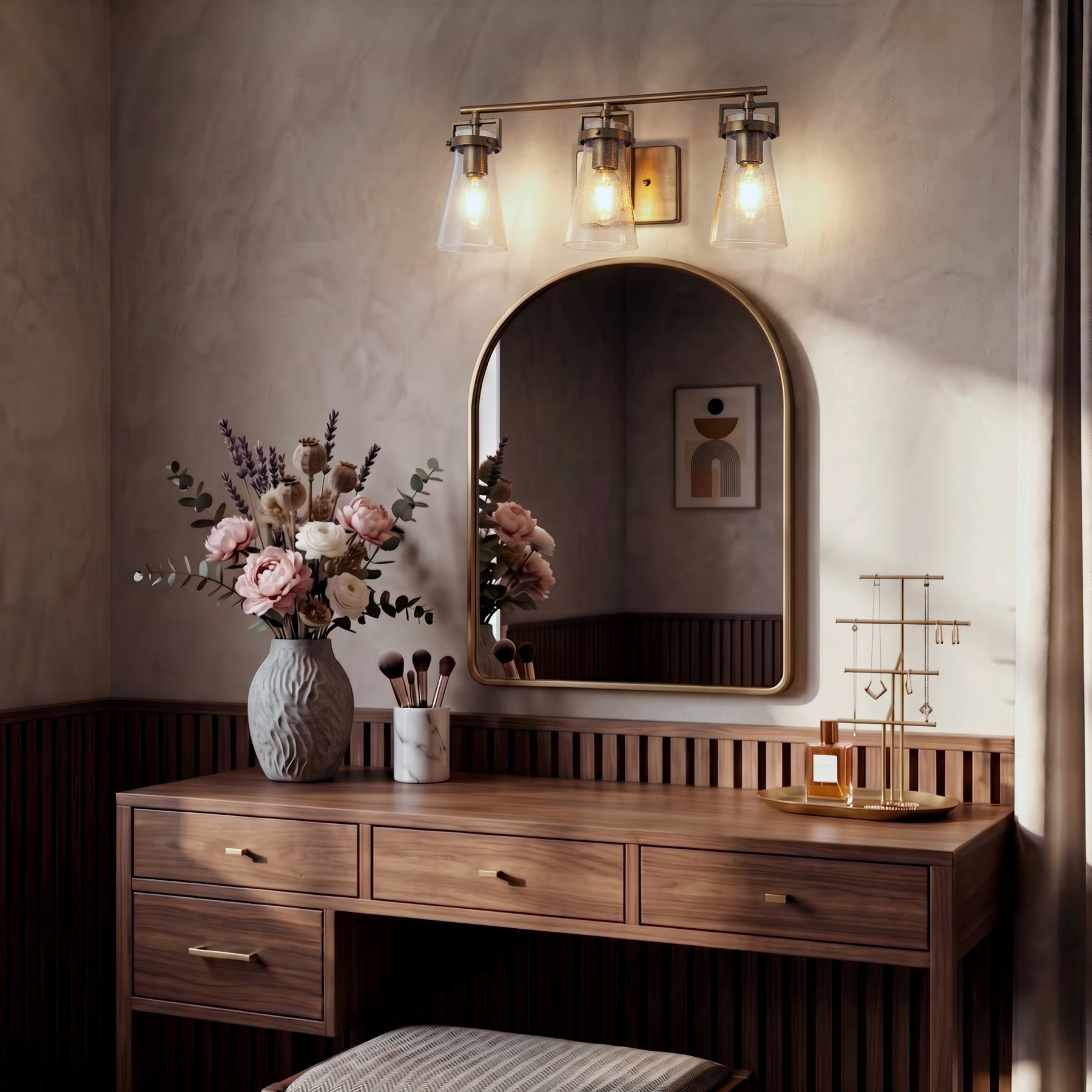 Modern Transitional 3-Light Vanity Wall Sconce in Brushed Brass with Clear Bubble Glass Shades for Mirror, Bathroom or Hallway