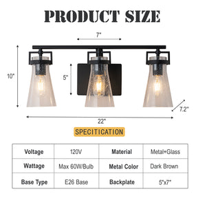 Modern Transitional 3-Light Vanity Wall Sconce in Dark Brown with Clear Bubble Glass Shades for Mirror, Bathroom or Hallway
