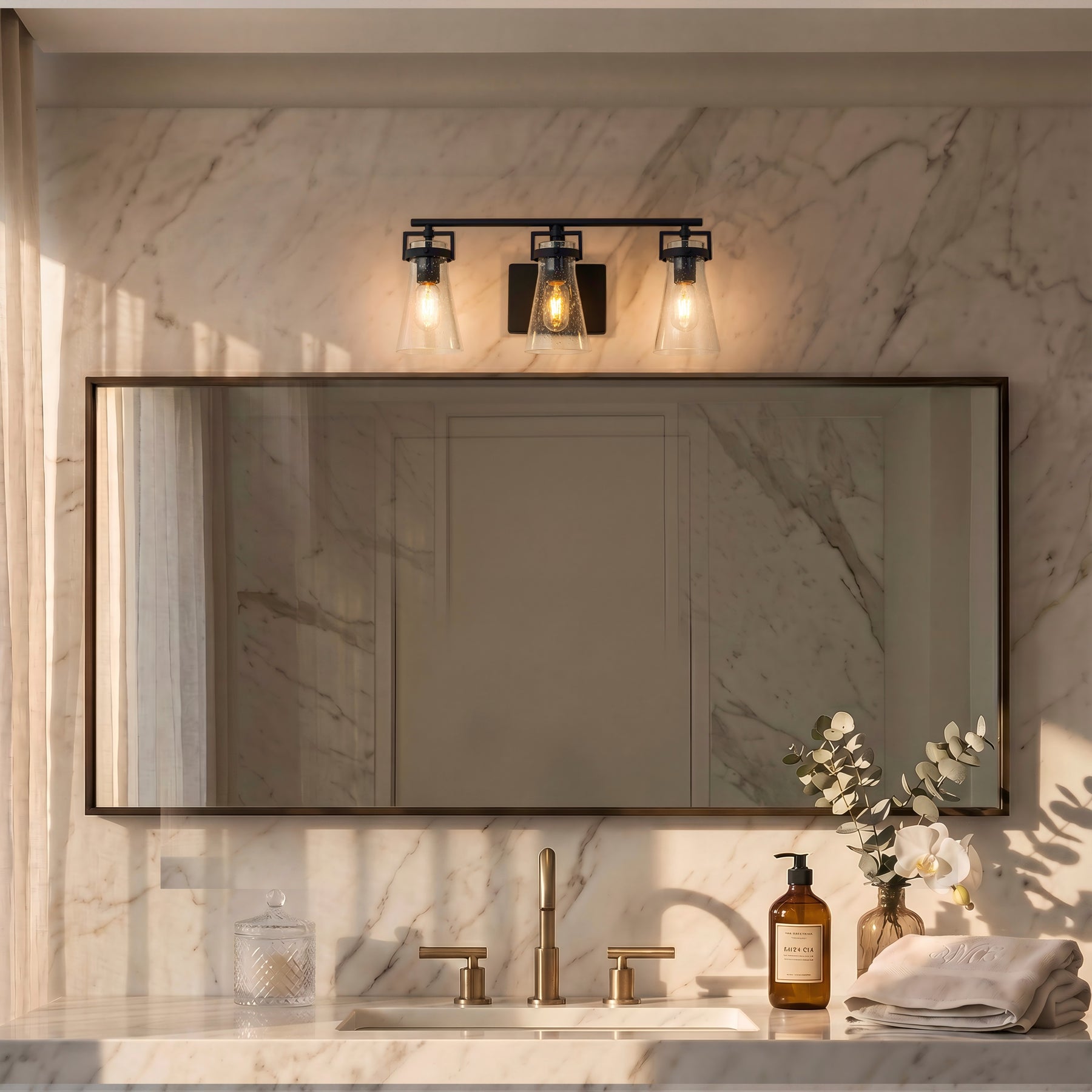 Modern Transitional 3-Light Vanity Wall Sconce in Dark Brown with Clear Bubble Glass Shades for Mirror, Bathroom or Hallway