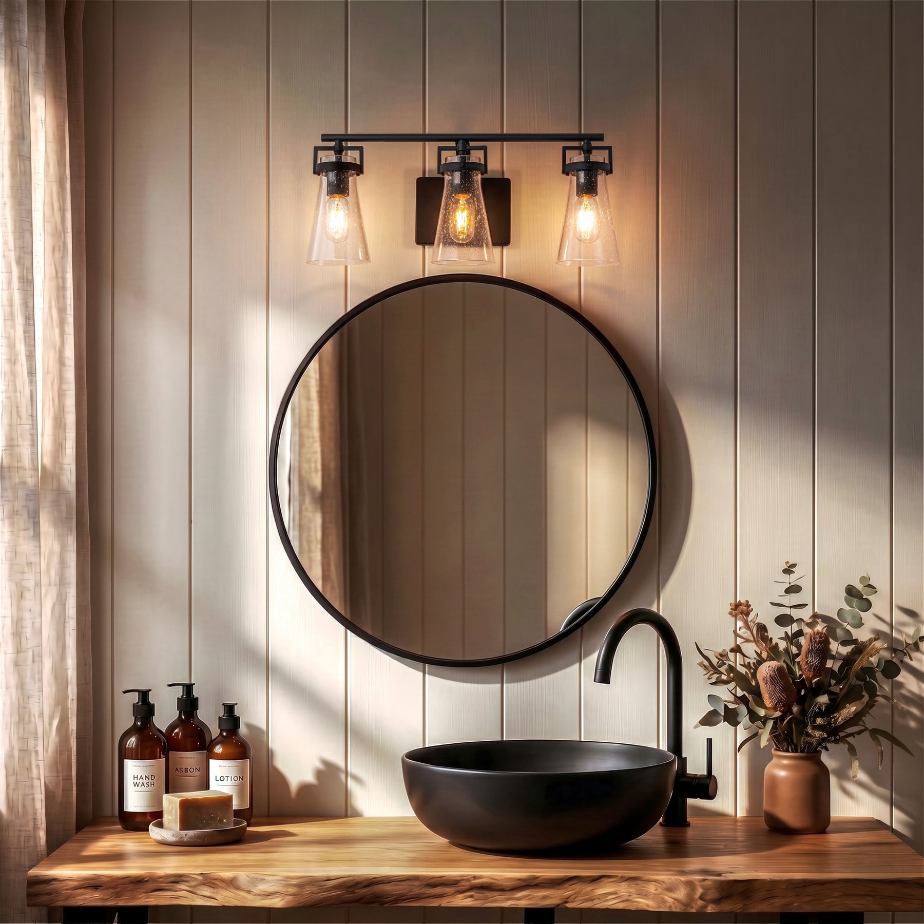 Modern Transitional 3-Light Vanity Wall Sconce in Dark Brown with Clear Bubble Glass Shades for Mirror, Bathroom or Hallway