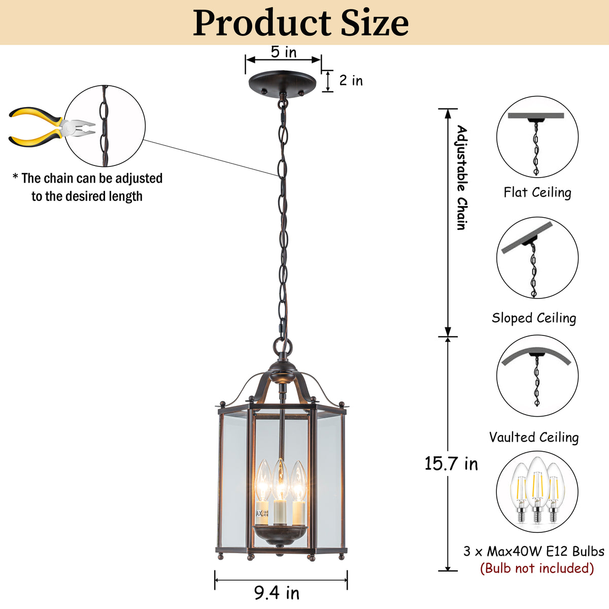 Vintage Bronze Lantern Pendant Light 3-Light Farmhouse Chandelier with Clear Glass Shade 10-Inch Hanging Light for Foyer Kitchen Island Dining Room