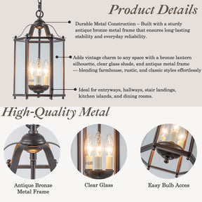 Vintage Bronze Lantern Pendant Light 3-Light Farmhouse Chandelier with Clear Glass Shade 10-Inch Hanging Light for Foyer Kitchen Island Dining Room