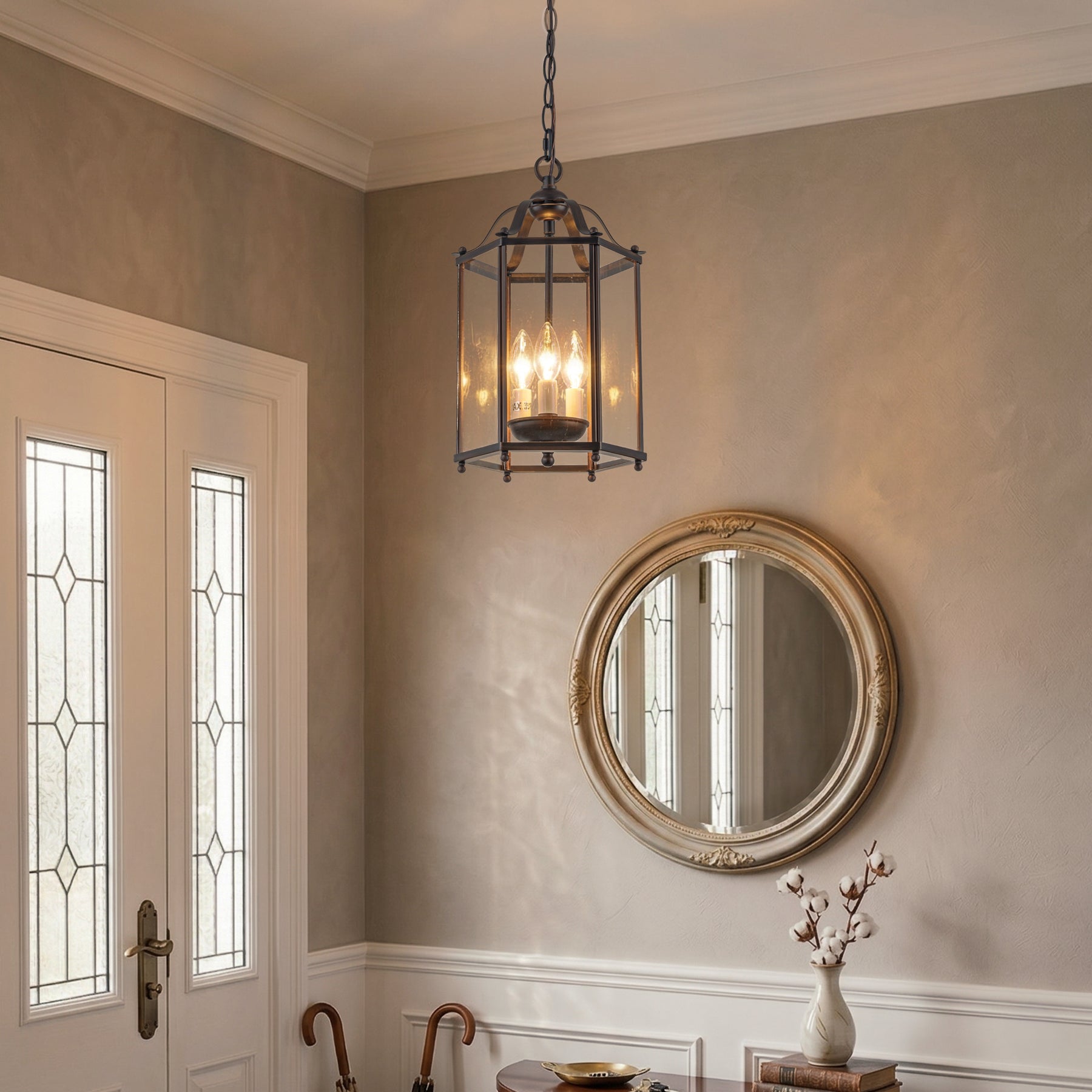 Vintage Bronze Lantern Pendant Light 3-Light Farmhouse Chandelier with Clear Glass Shade 10-Inch Hanging Light for Foyer Kitchen Island Dining Room