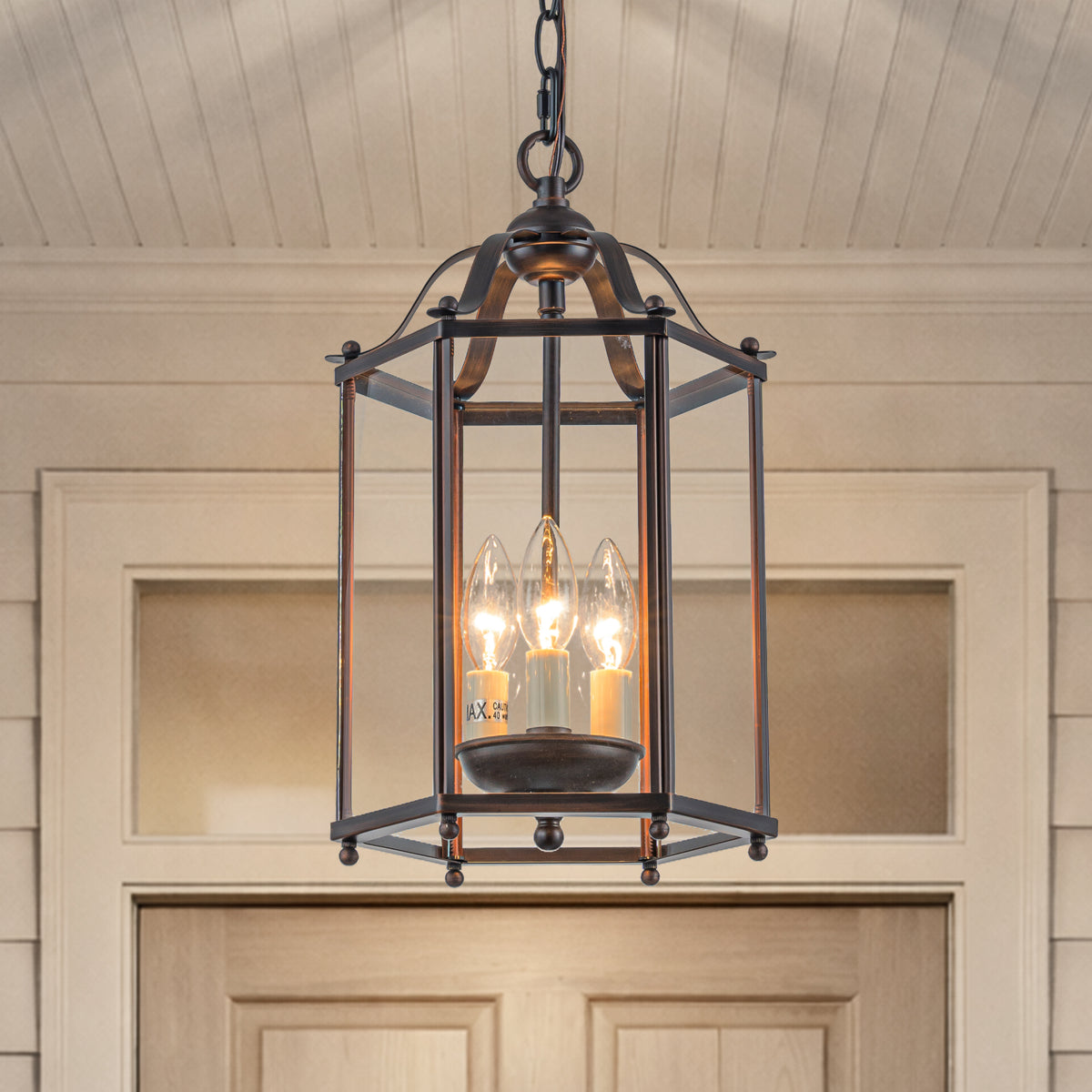 Vintage Bronze Lantern Pendant Light 3-Light Farmhouse Chandelier with Clear Glass Shade 10-Inch Hanging Light for Foyer Kitchen Island Dining Room