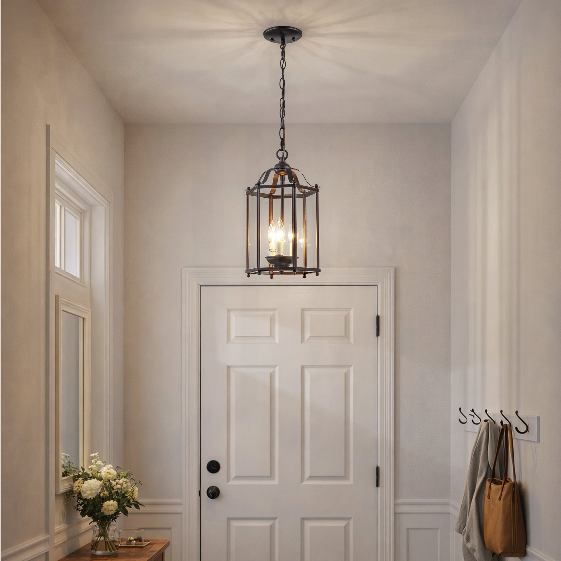 Vintage Bronze Lantern Pendant Light 3-Light Farmhouse Chandelier with Clear Glass Shade 10-Inch Hanging Light for Foyer Kitchen Island Dining Room