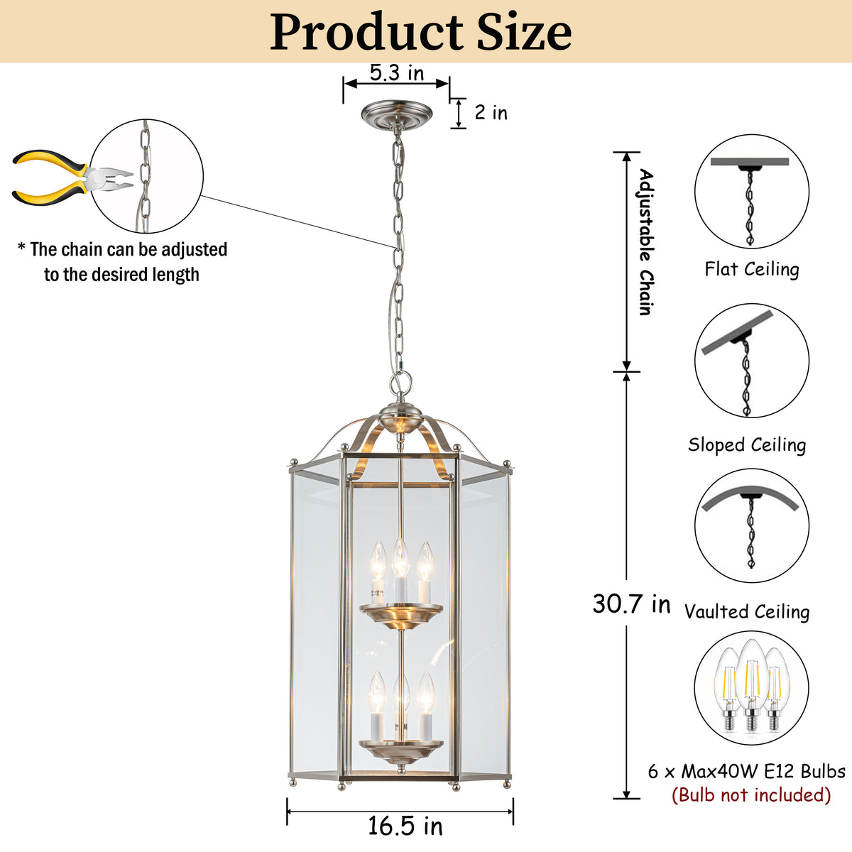 6 Light 2-Tier Satin Nickel Lantern Pendant Light 17-Inch Vintage Empire Style Chandelier with Clear Glass Shade for Foyer Hall Entryway Staircase