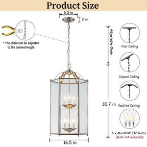 6 Light 2-Tier Satin Nickel Lantern Pendant Light 17-Inch Vintage Empire Style Chandelier with Clear Glass Shade for Foyer Hall Entryway Staircase