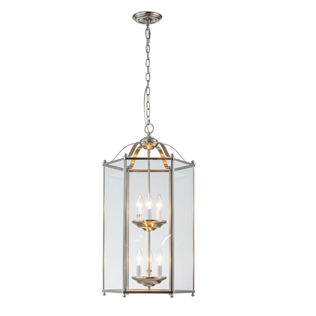 6 Light 2-Tier Satin Nickel Lantern Pendant Light 17-Inch Vintage Empire Style Chandelier with Clear Glass Shade for Foyer Hall Entryway Staircase