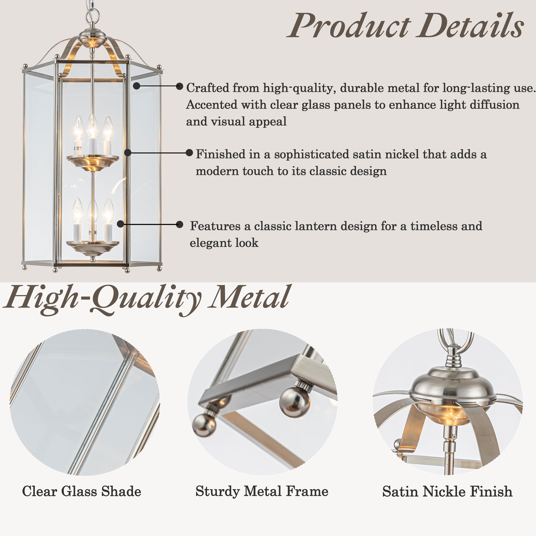 6 Light 2-Tier Satin Nickel Lantern Pendant Light 17-Inch Vintage Empire Style Chandelier with Clear Glass Shade for Foyer Hall Entryway Staircase