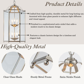 6 Light 2-Tier Satin Nickel Lantern Pendant Light 17-Inch Vintage Empire Style Chandelier with Clear Glass Shade for Foyer Hall Entryway Staircase