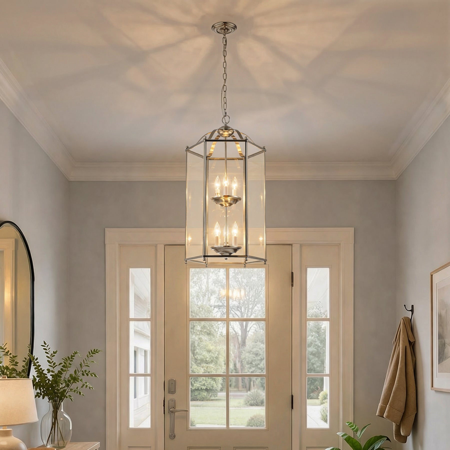 6 Light 2-Tier Satin Nickel Lantern Pendant Light 17-Inch Vintage Empire Style Chandelier with Clear Glass Shade for Foyer Hall Entryway Staircase