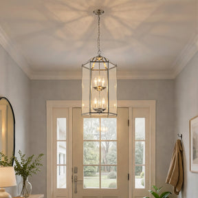 6 Light 2-Tier Satin Nickel Lantern Pendant Light 17-Inch Vintage Empire Style Chandelier with Clear Glass Shade for Foyer Hall Entryway Staircase