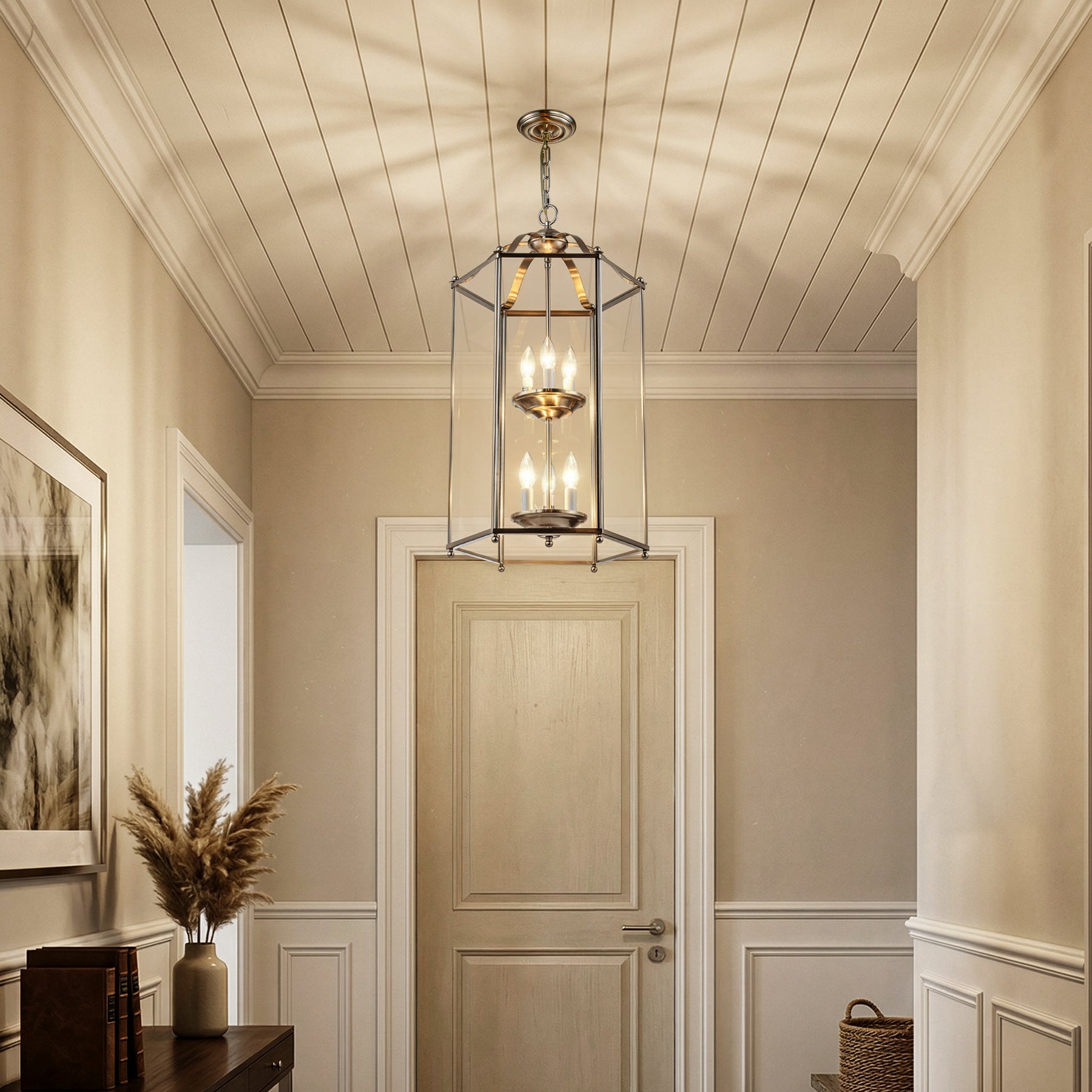 6 Light 2-Tier Satin Nickel Lantern Pendant Light 17-Inch Vintage Empire Style Chandelier with Clear Glass Shade for Foyer Hall Entryway Staircase
