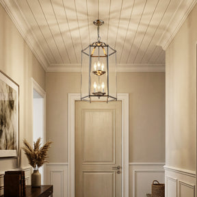 6 Light 2-Tier Satin Nickel Lantern Pendant Light 17-Inch Vintage Empire Style Chandelier with Clear Glass Shade for Foyer Hall Entryway Staircase