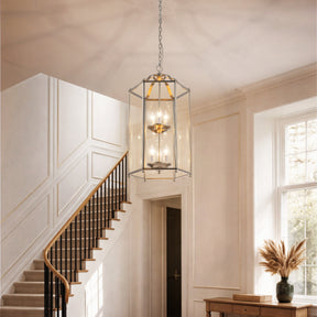 6 Light 2-Tier Satin Nickel Lantern Pendant Light 17-Inch Vintage Empire Style Chandelier with Clear Glass Shade for Foyer Hall Entryway Staircase
