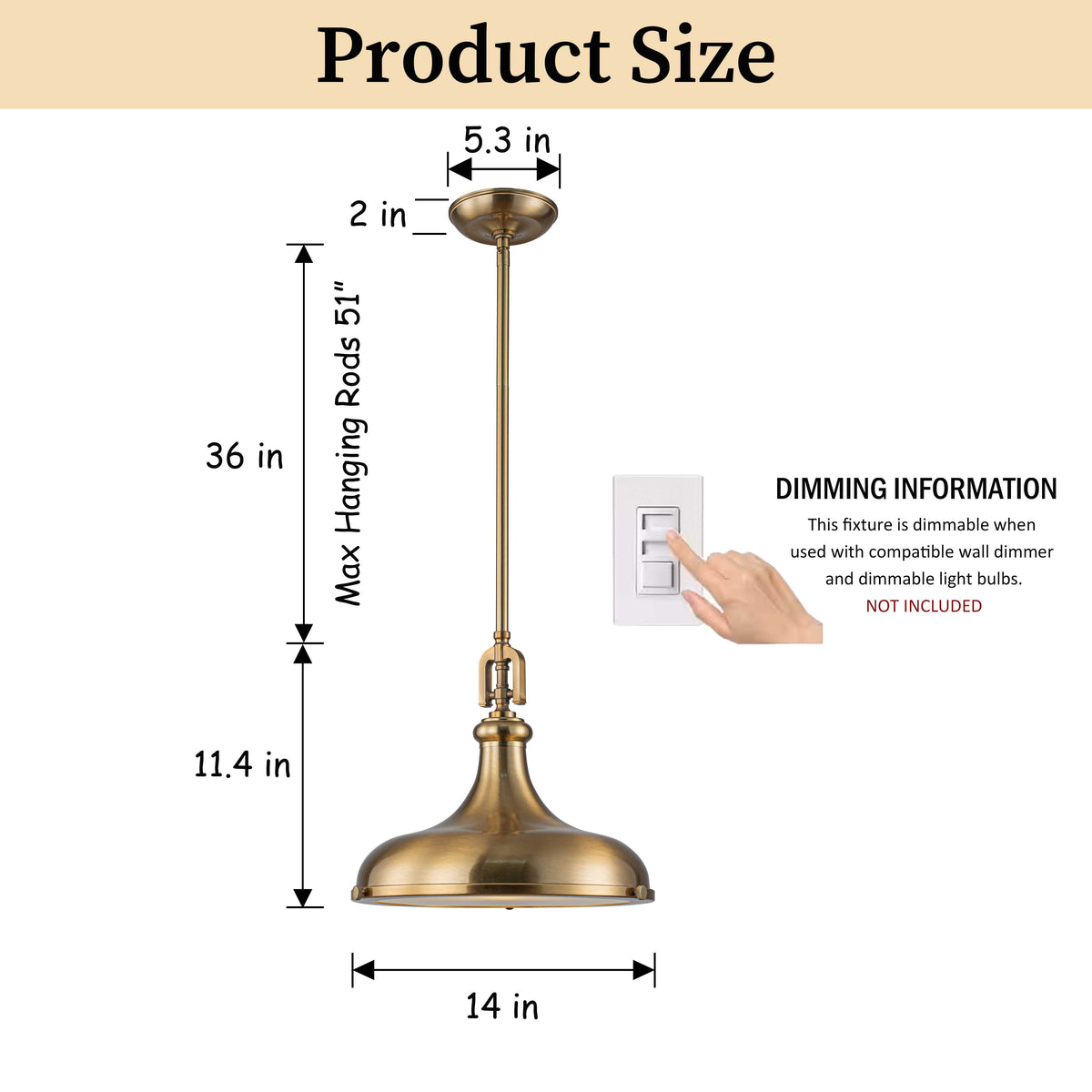 14'' Transitional 1-Light Satin Brass Pendant Light with Frosted Glass Shade for Kitchen Island or Dining Room