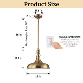 14'' Transitional 1-Light Satin Brass Pendant Light with Frosted Glass Shade for Kitchen Island or Dining Room