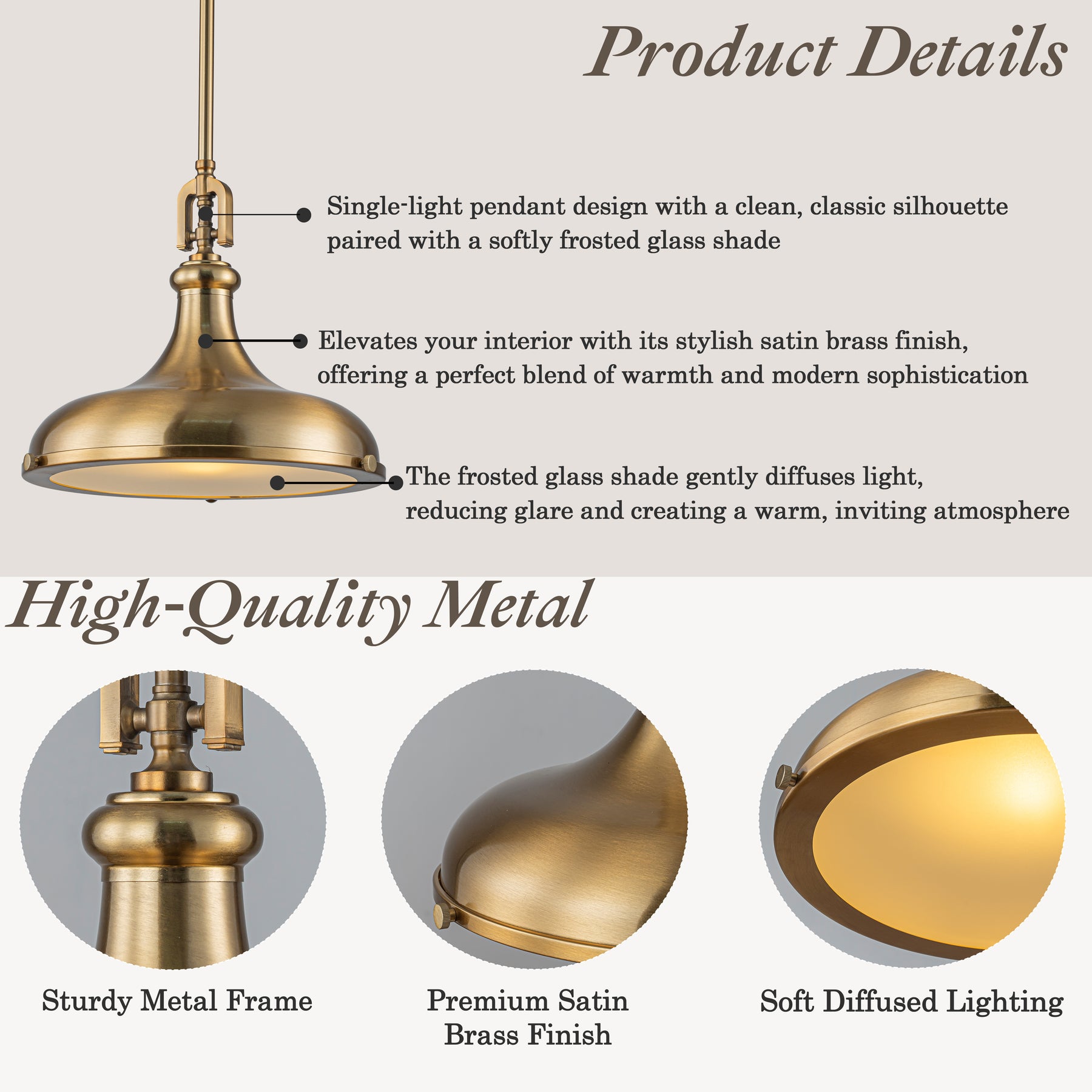 14'' Transitional 1-Light Satin Brass Pendant Light with Frosted Glass Shade for Kitchen Island or Dining Room